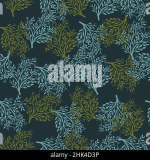 Random green and blue bush seamless pattern in hand drawn style. Dark background. Natural season. Stock illustration. Vector design for textile, fabri Stock Vector
