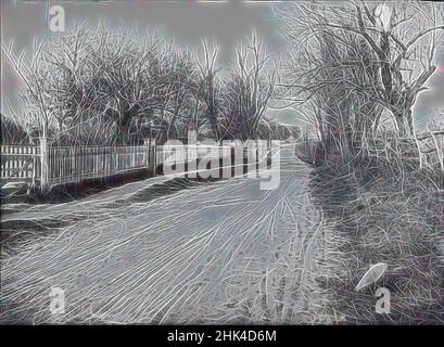 Inspired by Neck Road at Conover's near Avenue V, Gravesend, Brooklyn, Daniel Berry Austin, American, born 1863, active 1899-1909, Gelatin silver glass dry plate negative, October 1899, archival photograph, dirt road, documentary photography, early photojournalism, historic Brooklyn, historic New, Reimagined by Artotop. Classic art reinvented with a modern twist. Design of warm cheerful glowing of brightness and light ray radiance. Photography inspired by surrealism and futurism, embracing dynamic energy of modern technology, movement, speed and revolutionize culture Stock Photo