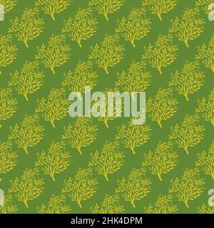 Creative yellow tree forest seamless doodle pattern in hand drawn floral style. Green background. Nature shapes. Stock illustration. Vector design for Stock Vector
