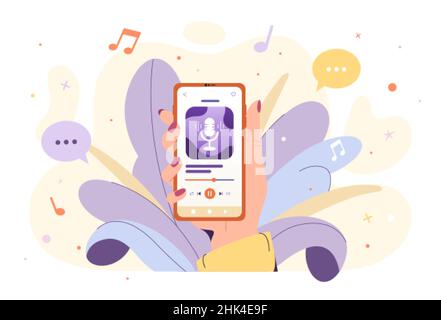 Woman hand holding smartphone with app for listening to music, radio and podcasts. Mobile media application with online study courses. Audio interface on digital device screen flat vector ilustration. Stock Vector