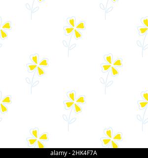 Minimalistic seamless floral pattern with yellow four-leaf clover elements. White isolated backdrop. Vector illustration for seasonal textile prints, Stock Vector