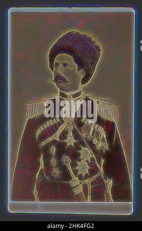 Inspired by One of 274 Vintage Photographs, Photograph, late 19th-early 20th century, Qajar, Qajar Period, 8 3/8 x 5 3/16 in., 21.2 x 13.1 cm, cartes de visite, commander, decorated, general, hat, medals, Middle East, military, moustache, mustache, Persia, photography, portrait, sepia, soldier, sword, Reimagined by Artotop. Classic art reinvented with a modern twist. Design of warm cheerful glowing of brightness and light ray radiance. Photography inspired by surrealism and futurism, embracing dynamic energy of modern technology, movement, speed and revolutionize culture Stock Photo