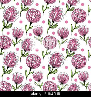 A seamless pattern of flowers, hand-drawn doodle-style elements. Whimsical flowers, buds, and peas. Black patterns with pink and green spots. Stock Vector