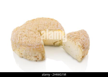 Robiola delle Langhe, a typical toma cheese made of sheep, goat and cow milk from Piedmont, Italy. Isolated on white Stock Photo