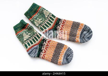 A pair of thick Winter socks isolated in white. Stock Photo
