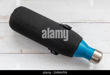 Close up of a stainless steel reusable water bottle. Stock Photo