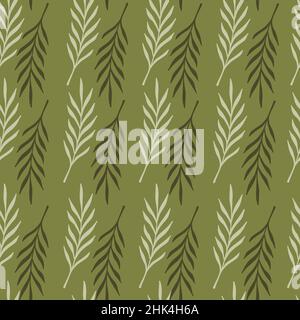 Foliage seamless doodle pattern with grey and brown leaf twigs shapes print. Olive pale background. Stock illustration. Vector design for textile, fab Stock Vector