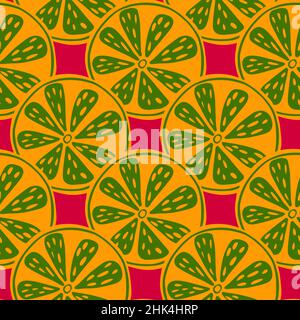 Tropical food seamless pattern with vintage citrus shapes. Orange and green colored ornament on pink background. Stock illustration. Vector design for Stock Vector