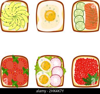 Set of toasts for breakfast with different ingredients, vector illustration Stock Vector