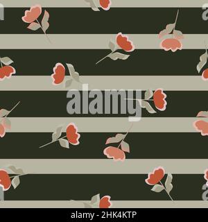 Seamless abstract nature pattern with red simple flower shapes. Black and grey striped background. Flat vector print for textile, fabric, giftwrap, wa Stock Vector