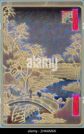 Inspired by Meguro Drum Bridge and Sunset Hill, No. 111 from One Hundred Famous Views of Edo, Utagawa Hiroshige, Ando, Japanese, 1797-1858, Woodblock print, Japan, 4th month of 1857, Edo Period, Ansei Era, Sheet: 14 3/16 x 9 1/4 in., 36 x 23.5 cm, 19th Century, 4th month of 1857, bridge, calmness, Reimagined by Artotop. Classic art reinvented with a modern twist. Design of warm cheerful glowing of brightness and light ray radiance. Photography inspired by surrealism and futurism, embracing dynamic energy of modern technology, movement, speed and revolutionize culture Stock Photo