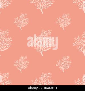 Minimalistic seamless pattern with doodle white tree silhouettes print. Pink background. Floral print. Stock illustration. Vector design for textile, Stock Vector