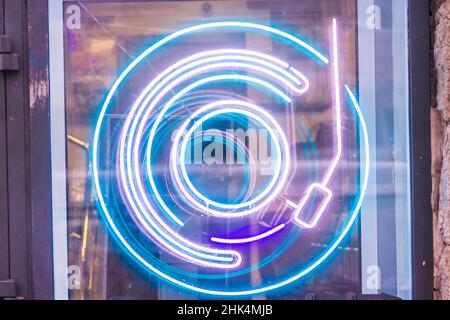 vinyl player neon sign disk record shop vintage analog  Stock Photo