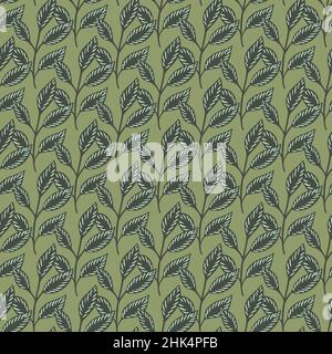 Vintage seamless pattern with abstract herbal leaves branches silhouettes. Green pale background. Flat vector print for textile, fabric, giftwrap, wal Stock Vector