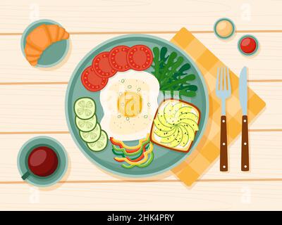 Healthy breakfast, fried egg, greens, vegetables, toast with avocado, coffee, croissant, vector illustration Stock Vector