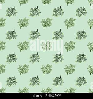 Floral green shrub silhouettes seamless pattern in doodle style. Light blue background. Floral simple backdrop. Stock illustration. Vector design for Stock Vector