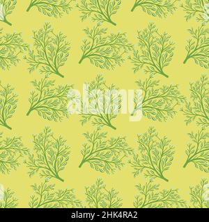 Green random shrub silhouettes seamless pattern in doodle style. Light yellow background. Doodle abstract print. Stock illustration. Vector design for Stock Vector