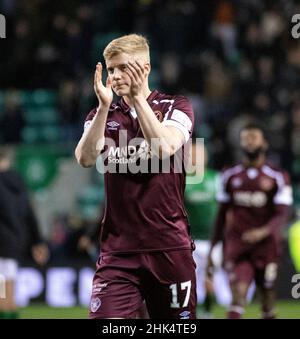 Edinburgh, UK. 28th Jan, 2022. Cinch Premiership - Hibernian v Heart of Midlothian 28/1/2022. Hibernian play host to Hearts in the cinch Premiership at Easter Road Stadium, Edinburgh, Midlothian, UK. Pic shows: HeartsÕ left back, Alex Cochrane, applauds the away support at the final whistle. Credit: Ian Jacobs/Alamy Live News Stock Photo