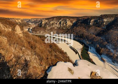 View from Eichfelsen Rock into Danube Gorge and Werenwag Castle at sunset, Upper Danube Nature Park, Swabian Alps, Baden-Wurttemberg, Germany, Europe Stock Photo