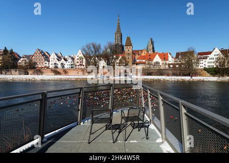 View over Danube River to Ulm Cathedral, Ulm, Swabian Alps, Baden-Wurttemberg, Germany, Europe Stock Photo