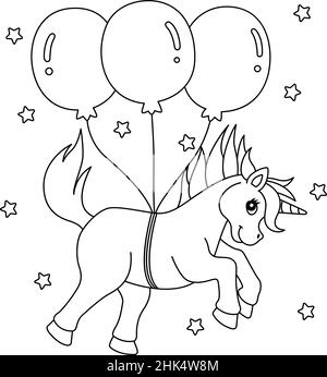 Unicorn Floating With The Balloons Coloring Page Stock Vector Image ...