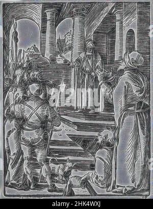Inspired by Christ before Pilate, The Small Passion, Albrecht Dürer, German, 1471-1528, Woodcut on laid paper, Germany, 1509-1511; edition of 1511, Sheet: 5 1/4 x 4 in., 13.3 x 10.2 cm, Christ, Durer, Small Passion, woodcut, Reimagined by Artotop. Classic art reinvented with a modern twist. Design of warm cheerful glowing of brightness and light ray radiance. Photography inspired by surrealism and futurism, embracing dynamic energy of modern technology, movement, speed and revolutionize culture Stock Photo