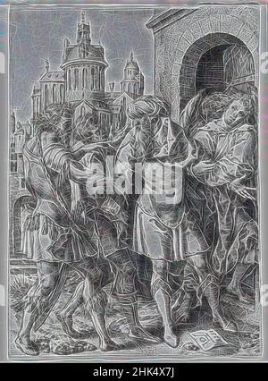 Inspired by Lot Protecting the Angels from the Inhabitants of Sodom, Heinrich Aldegrever, German, 1502 -ca.1555, Engraving on laid paper, 1555, 4 1/2 x 3 1/4 in., 11.5 x 8.2 cm, Reimagined by Artotop. Classic art reinvented with a modern twist. Design of warm cheerful glowing of brightness and light ray radiance. Photography inspired by surrealism and futurism, embracing dynamic energy of modern technology, movement, speed and revolutionize culture Stock Photo