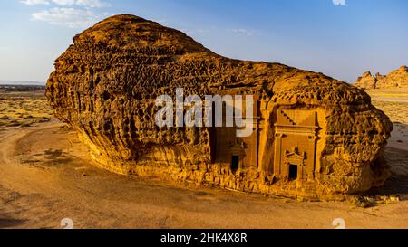 Aerial of the rock tombs, Madain Saleh (Hegra) (Al Hijr), UNESCO World Heritage Site, Al Ula, Kingdom of Saudi Arabia, Middle East Stock Photo