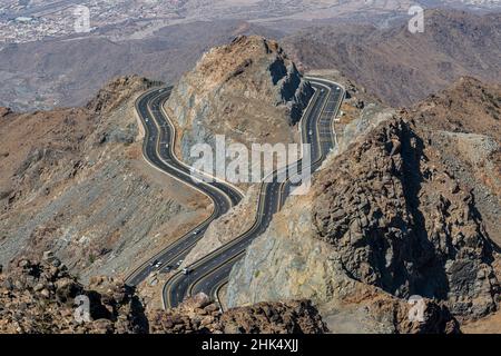 Al Hada road in between the mountains, Taif, Kingdom of Saudi Arabia, Middle East Stock Photo