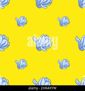 Minimalistic seamless pattern with bright blue magnolia flowers ornament. Yellow background. Vector illustration for seasonal textile prints, fabric, Stock Vector