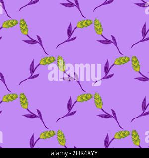 Geometric style seamless pattern with agriculture ear of wheat ornament. Pastel purple background. Graphic design for wrapping paper and fabric textur Stock Vector