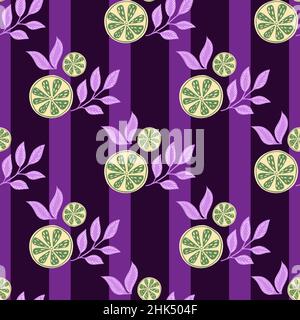 Green lemon slices and leaves green ornament seamless pattern. Purple striped background. Organic food print. Stock illustration. Vector design for te Stock Vector