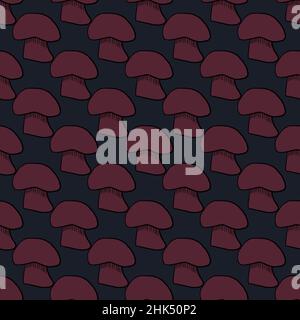 Dark tones seamless pattern with pink outline mushroom shapes. Navy blue background. Vector illustration for seasonal textile prints, fabric, banners, Stock Vector