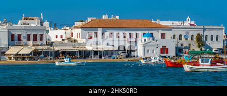 View of boats in harbour and Town Hall, Mykonos Town, Mykonos, Cyclades Islands, Greek Islands, Aegean Sea, Greece, Europe Stock Photo