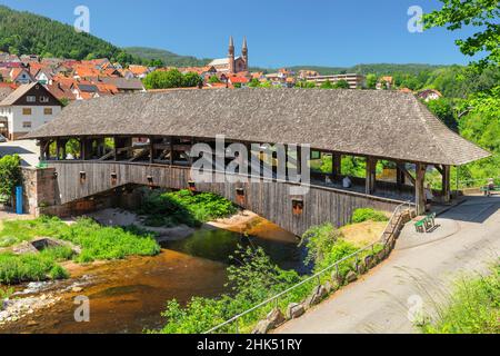 Wooden Bridge over Murg River, Forbach, Murgtal Valley, Black Forest, Baden-Wurttemberg, Germany, Europe Stock Photo