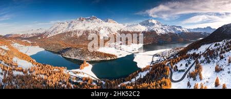 Colorful autumn trees surrounding lakes Champfer and Silvaplana with the snowcapped Piz Da La Margna in the background, Engadine, Graubunden Stock Photo