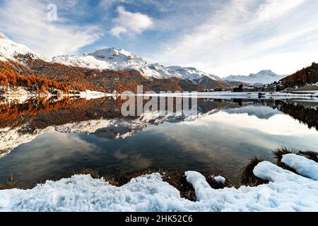 Sunset over Piz Da La Margna and Piz Corvatsch peaks reflected in lake Champfer during a snowy autumn, Engadine, Graubunden, Switzerland, Europe Stock Photo