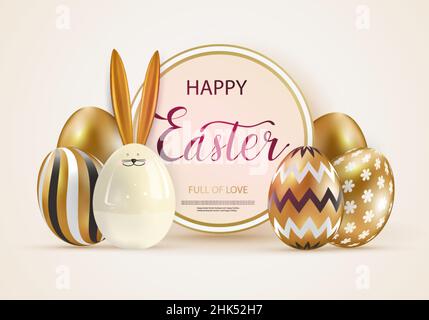 Happy Easter. Festive background design with golden eggs and easter ceramic bunny. Round frame for your inscription. Festive web banner. Vector Stock Vector