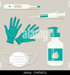 Virus prevention medical kit. Electronic thermometer, medical gloves, antiseptic, medical mask, syringe Stock Vector