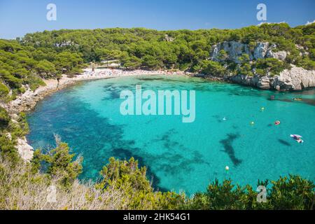 View over the turquoise waters of Cala Macarella to pine-fringed sandy beach, Cala Galdana, Menorca, Balearic Islands, Spain, Mediterranean, Europe Stock Photo