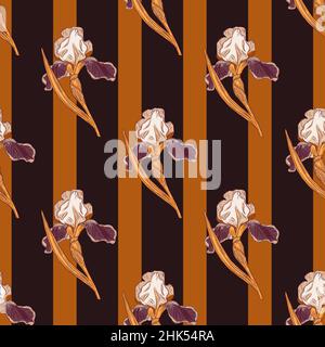 Abstract seamless pattern with decorative iris flower silhouettes. Brown and orange striped background. Vector illustration for seasonal textile print Stock Vector