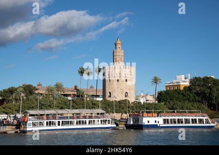Tourist boats in front of the Torre del Oro (Gold Tower) in Seville, Andalucia, Spain, Europe Stock Photo