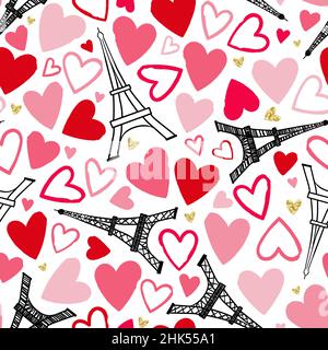 Romantic hand drawn Eiffel Tower seamless pattern, great Valentine's Day background with doodle hearts, great for textiles, banners, wallpapers, wrapp Stock Vector