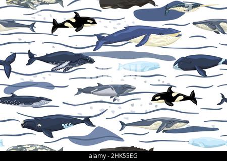 Seamless pattern whales on white background with waves and smudge. Template of cartoon characters of ocean in Scandinavian style for children. Texture Stock Vector