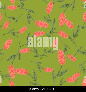 Random decorative seamless pattern with pink ear of wheat elements print. Green background. Plants print. Graphic design for wrapping paper and fabric Stock Vector