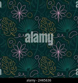 Abstract background with line art tropical leaves. Stock Vector