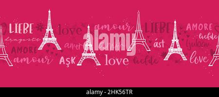 Romantic hand drawn Eiffel Tower seamless pattern, great Valentine's Day background with the word 'love' in different languages, great for textiles, b Stock Vector