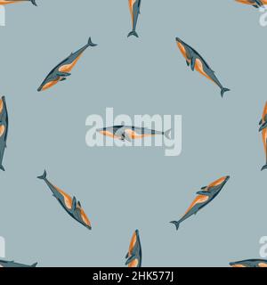 Seamless pattern Fin whale on gray background. Template of cartoon character of ocean for fabric.Repeated diagonal geometric texture with marine cetac Stock Vector