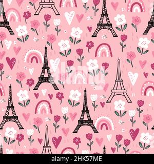 Romantic hand drawn Eiffel Tower seamless pattern, great Valentine's Day background with doodle hearts and flowers, great for textiles, banners, wallp Stock Vector