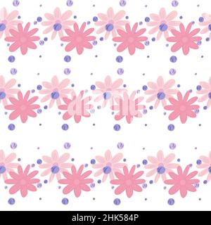 Isolated floral seamless pattern with pink cute small flowers elements. White background. Hand drawn style. Flat vector print for textile, fabric, gif Stock Vector